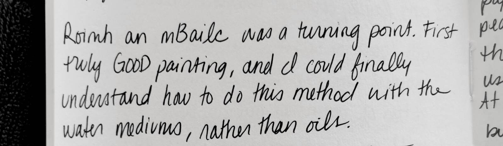 Handwritten journal entry saying the painting was a turning point, the first truly good painting, and that the water-media method had finally become understandable