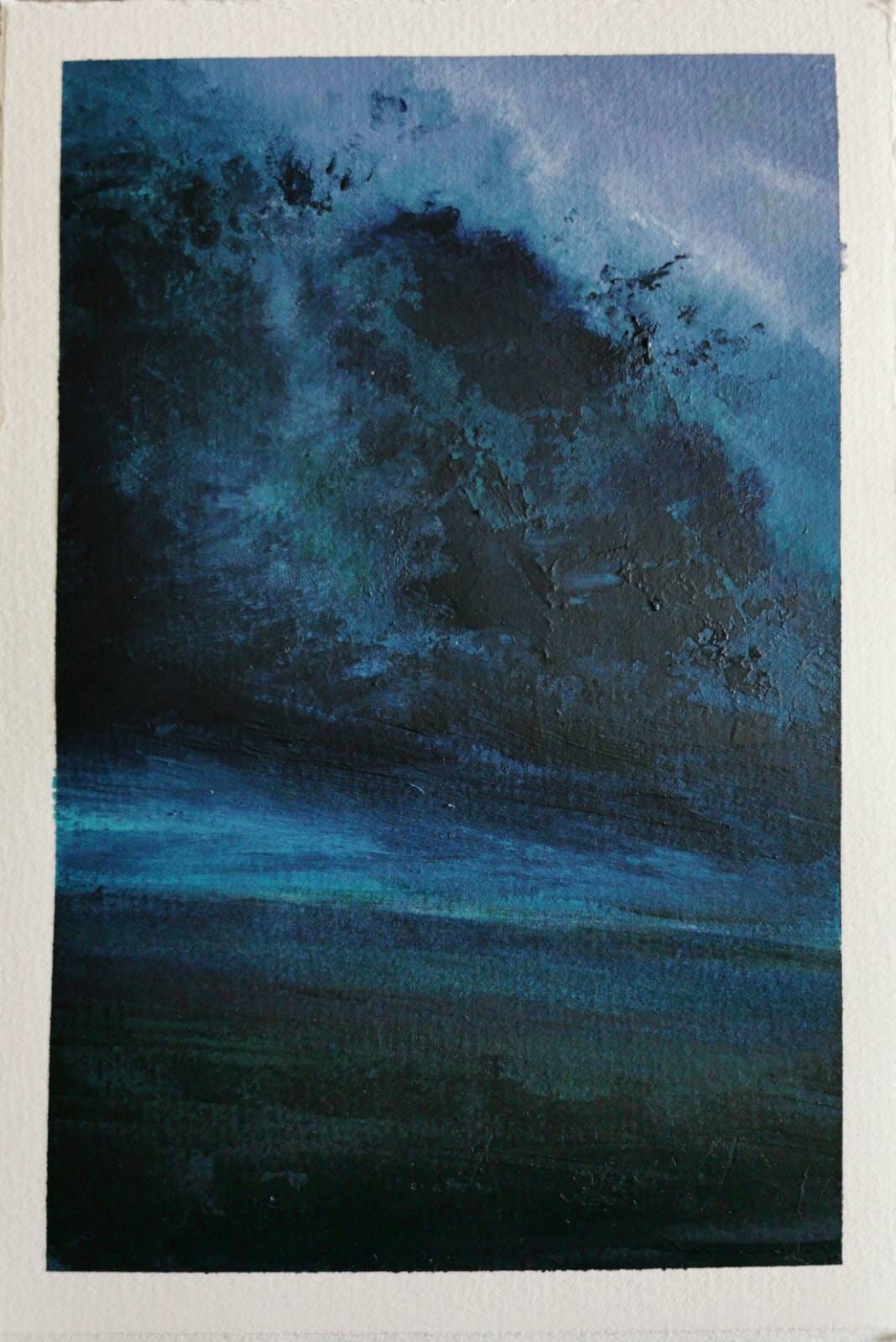 An atmospheric blue and teal painting with dark textured storm clouds gathering above water